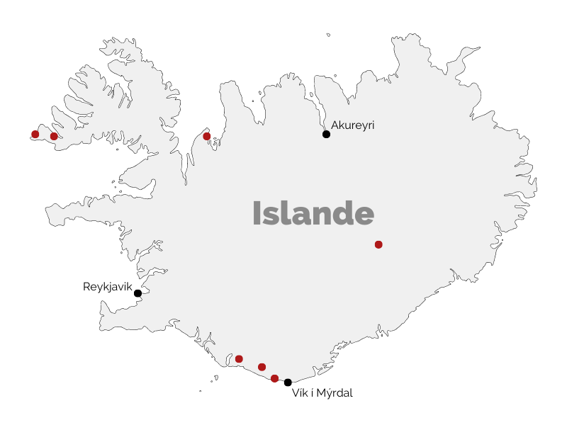 Carte des lieux insolites et des grandes villes d'Islande